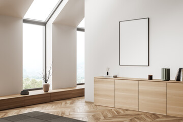 White exhibition room interior with wooden drawer, window and mockup frame