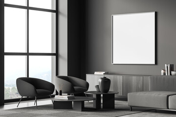 Lounge room interior with seats and drawer. Mockup frame