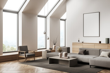 Lounge room interior with couch, chair and window. Mockup frame