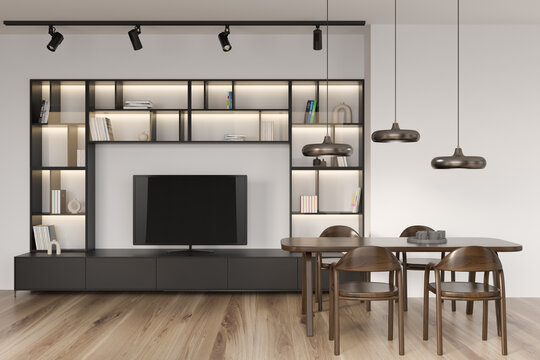 Living room interior with table and seats, shelf with tv set