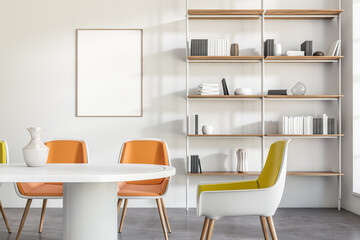 Light office room interior with furniture, shelf with decoration, mockup poster