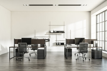 Light workplace interior with armchairs and table, shelf and window