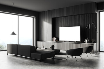 Living room interior with seats, drawer and tv set with mockup screen