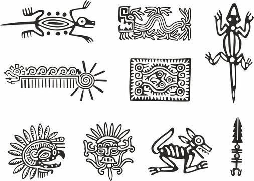 Vector monochrome Indian symbols. Sacred signs of Native American tribes. Aztec, Maya, Incas.
