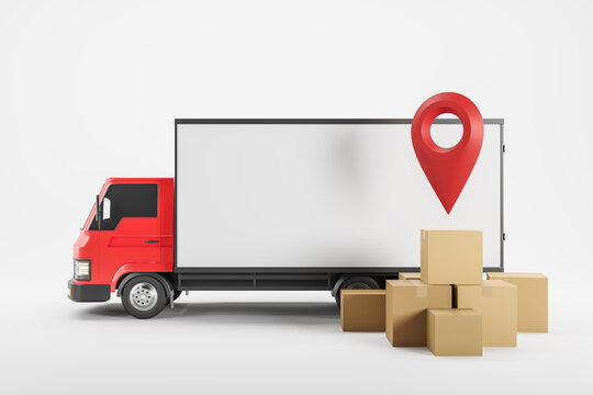 Truck with boxes and map pointer, shipping. Mockup copy space