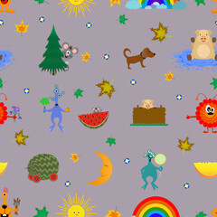 Vector illustration of cartoon characters seamless pattern. Various animals: pig, mouse, dog, bee, fictional funny monsters. Sun, rainbow, moon, spruce, watermelon, cheese and leaves with stars.