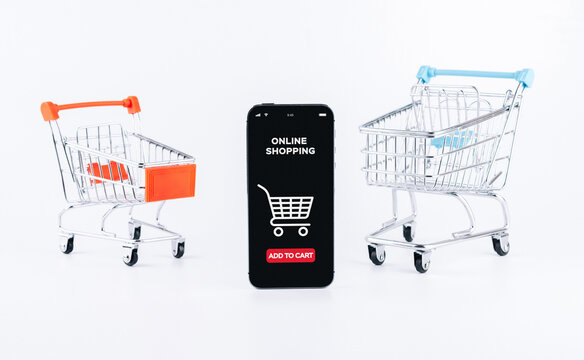 Ecommerce application. Digital smartphone with online shop app, shopping trolley on white background. Website retail business concept. Easy ecommerce website shop.