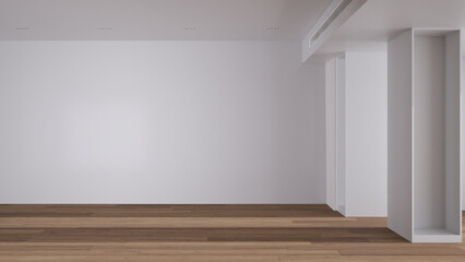 Empty room interior design, open space with white walls and parquet wooden floor, modern contemporary architecture, morning light, mock-up with copy space
