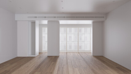 Empty room interior design, open space with white walls and parquet wooden floor, big panoramic window, modern contemporary architecture, morning light, mock-up with copy space
