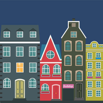  Amsterdam cute colourful houses in the night time