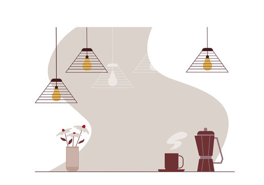 Vector poster background cafe with decor of flowers, geyser coffee maker and a hot cup of drink.