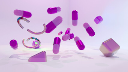 plenty of floating purple pills with .geometric shapes. 3d render