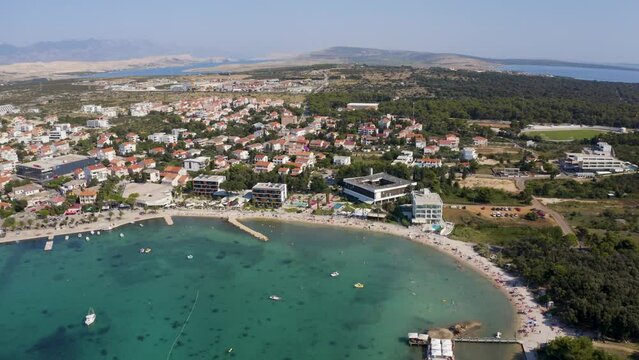 Beautiful Adriatic Coastline, Town Of Novalja And Marina On The Island Of Pag In Croatia - aerial drone shot