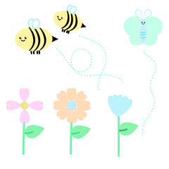 Both bees and butterflies fly amongst the pastel flowers. It's a vector illustration style.