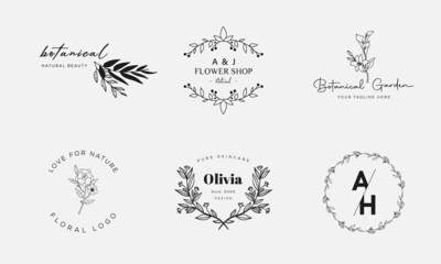 Botanical Floral element Hand Drawn Logo with Wild Flower and Leaves. Logo for spa and beauty salon, boutique, organic shop, wedding, floral designer, interior, photography, cosmetic.