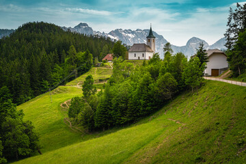 Fototapeta na wymiar Sveti Duh church view in Kamnik - Savinja Alps, Slovenia