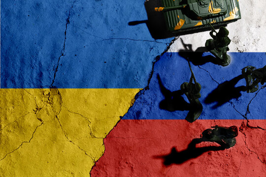 Conflict between Russia and Ukraine. Grunge flags of Russian Federation and Ukraine with soldiers shadows - Powered by Adobe