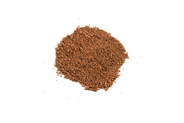Makeup cosmetics. Eyeshadow in brown color crushed palette, colorful eye shadow powder on white background