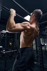 Fototapeta na wymiar Strong sportsman demonstrating his muscles during training