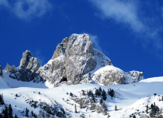Obraz premium Snow-covered high alpine pastures and rocky peaks of the Alpstein massif in winter attire (Appenzell Alps massif), Unterwasser - Canton of St. Gallen, Switzerland (Schweiz)