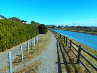 Fototapeta na wymiar 早春の小道のある坂川放水路土手風景