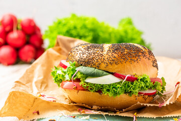 Bun with Fresh Spring Vegetables. Healthy and Light Breakfast