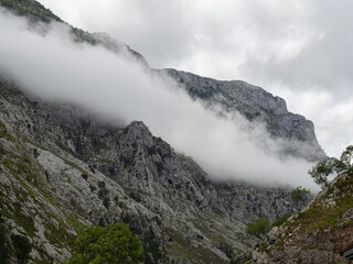 Paisaje de montaña con niebla en la Ruta del Cares desde Poncebos en Asturias, para senderistas amantes de la naturaleza y excursiones de montaña, en el verano de 2020