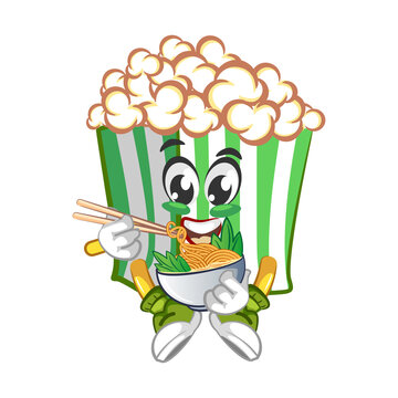 Cute popcorn character eating noodles with chopstick. Vector hand drawn cartoon kawaii mascot illustration icon. Isolated on white background. 