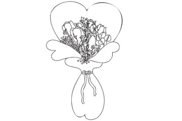 Black and white line art flowers in bouquet. Bouquet with heart shape. Heart shape contour, outline bouquet illustration.