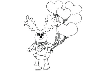 Deer with heart balloons, line art, outline illustration with black thin contour. Black and white vector illustration of horned deer..