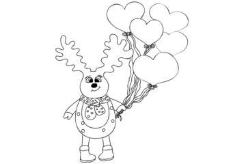Deer with heart balloons, line art, outline illustration with black thin contour. Black and white illustration of horned deer..