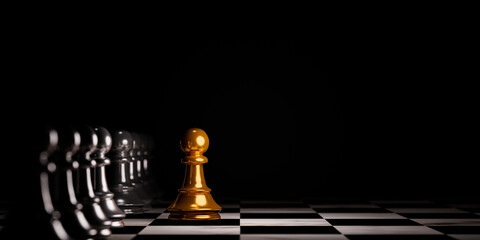 Golden pawn chess move out from line for different thinking and leading change , Disruption and unique concept by 3d render. - obrazy, fototapety, plakaty