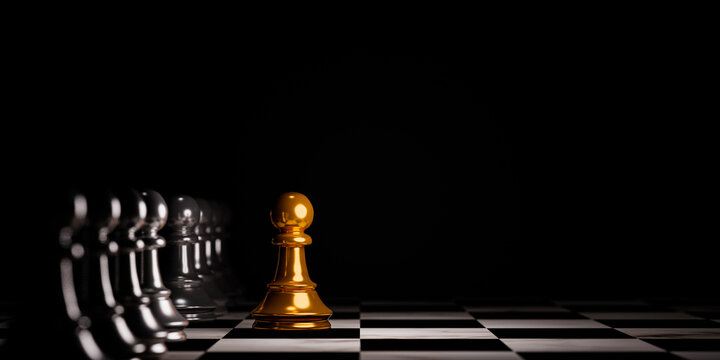 Golden pawn chess move out from line for different thinking and leading change , Disruption and unique concept by 3d render.