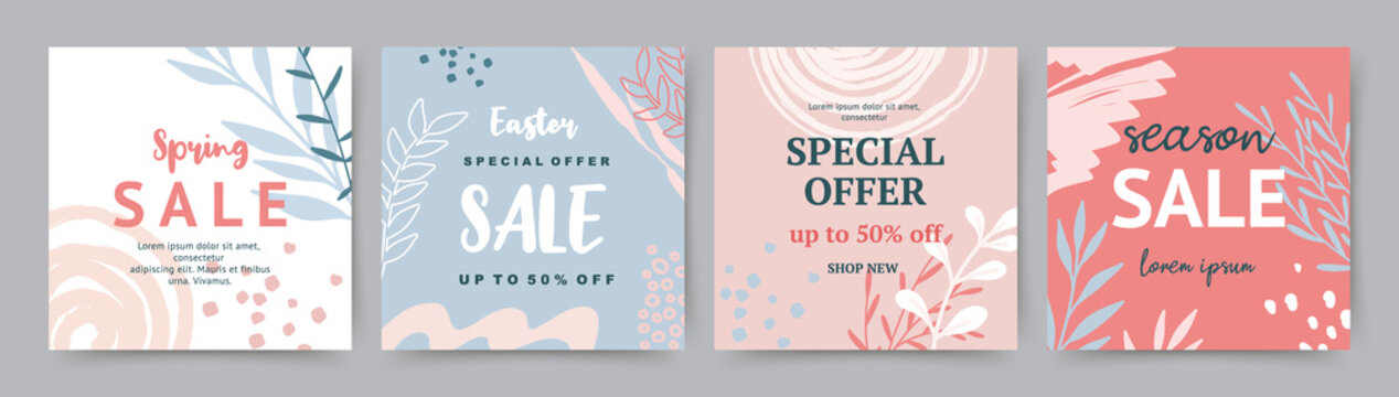 Social media post templates. Sale banners design. Abstract green and pink organic shapes floral background. Vector illustration for web banners, mobile app, internet ads