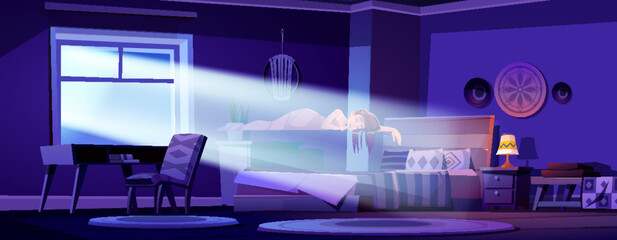 Alien abduction cute sleeping girl in light cone from his bed  in the night. Vector Illustration.
 - obrazy, fototapety, plakaty