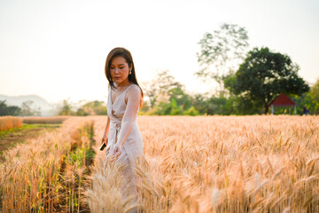 Naklejka na ściany i meble Beautiful young Asian woman standing on barley wheat field against sun light.
