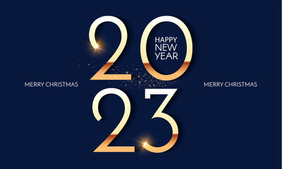 Happy new 2023 year Elegant gold text with light. Minimal text template