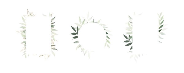 The frames set with elegant olive green leaves for Summer greeting postcard