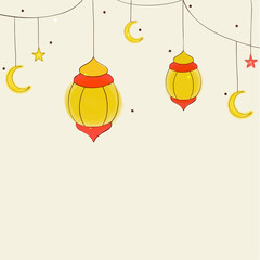 Obraz premium Ramadan Kareem, illustration Vector Outline, Ramazan Greeting Card Drawing, Ramadan Mubarak, ramzan Arabesque Decoration and Lamps Vector.