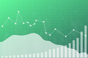 Stock market finance green background with line, chart, city. Uptrend and downtrend