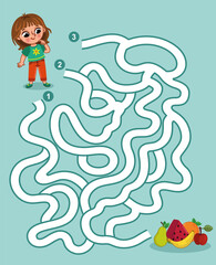 Help the little girl to reach delicious fruits. Maze game vector illustration for children.