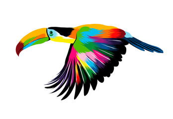 Abstract flying toucan, tropical bird from multicolored paints. Colored drawing. Vector illustration of paints