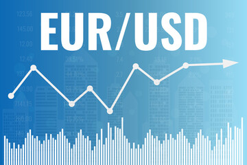 Euro dollar currency rate price market graph on blue finance background with arrow, chart, number, city. Uptrend and downtrend