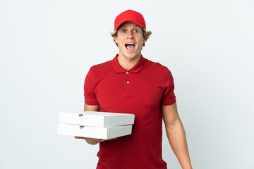 pizza delivery man over isolated white background with surprise facial expression