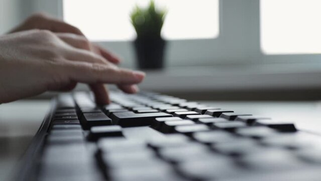 female hands typing on computer laptop keyboard in the office at the table, programming, writing down, pressing buttons, print text