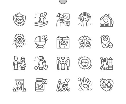 Children protection. Help kids. Disabilities. Protect and safety. Pixel Perfect Vector Thin Line Icons. Simple Minimal Pictogram