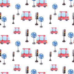 Seamless pattern with a small red car, a road sign and a traffic light. Watercolor background for textile design, wallpaper, packaging or baby bedding.