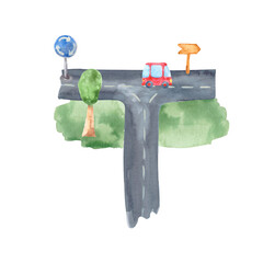 A piece of paved road with a car, lawns, a tree and road signs. Watercolor drawing on a white background for decoration on the theme of traffic, the city and its infrastructure.