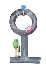 A piece of paved road with a red car, a tree, a traffic light and a road sign. Watercolor drawing on a white background for decoration on the theme of traffic, the city and its infrastructure.