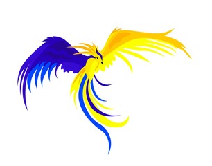 Fototapeta na wymiar Phoenix. Vector illustration in support of Ukraine. yellow-blue bird, t-shirt print. concept stop the war, stay with ukraine.